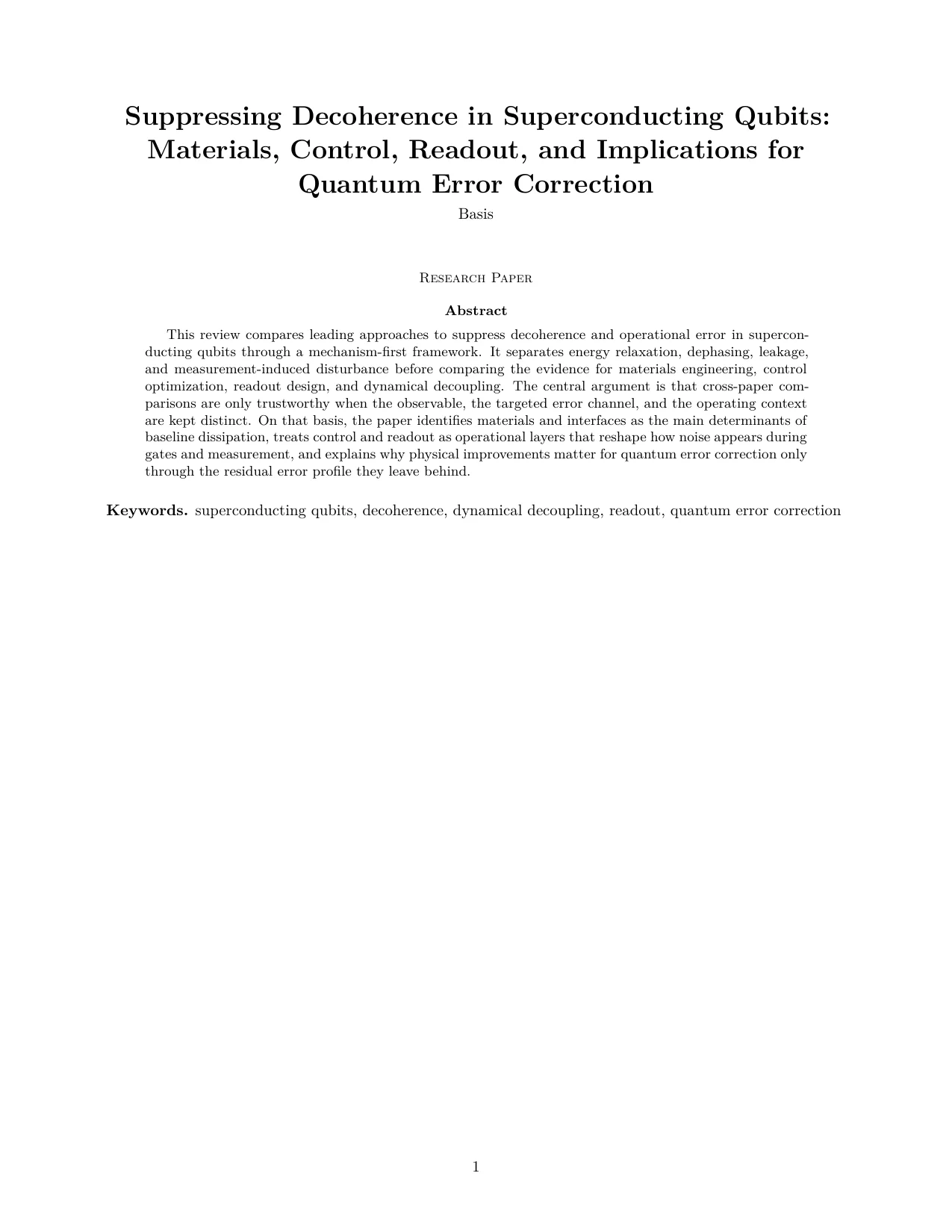 Title and abstract page from the cleaned superconducting-qubit decoherence review.