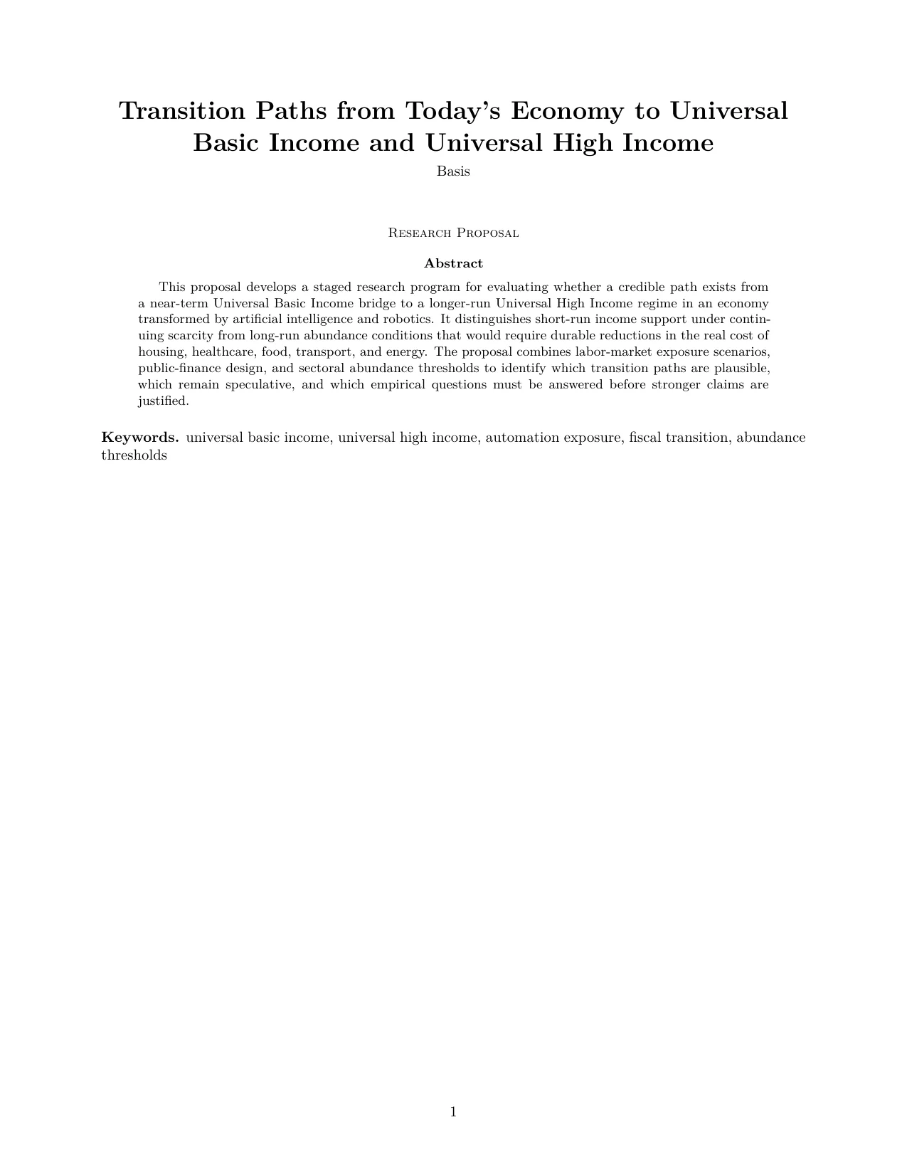Title and abstract page from the Basis UBI-to-UHI transition proposal.