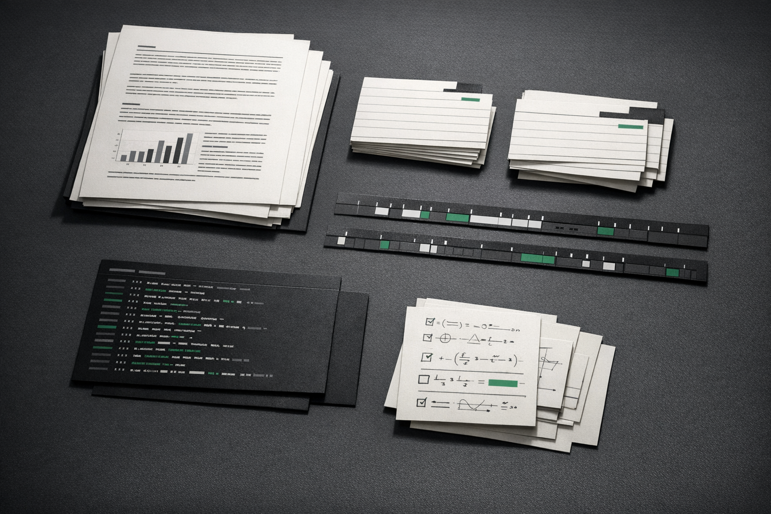 Basis research artifacts arranged in a dark precision layout